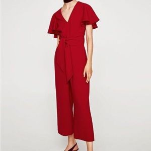 Zara Ruffled Sleeve Red Jumpsuit With Belt